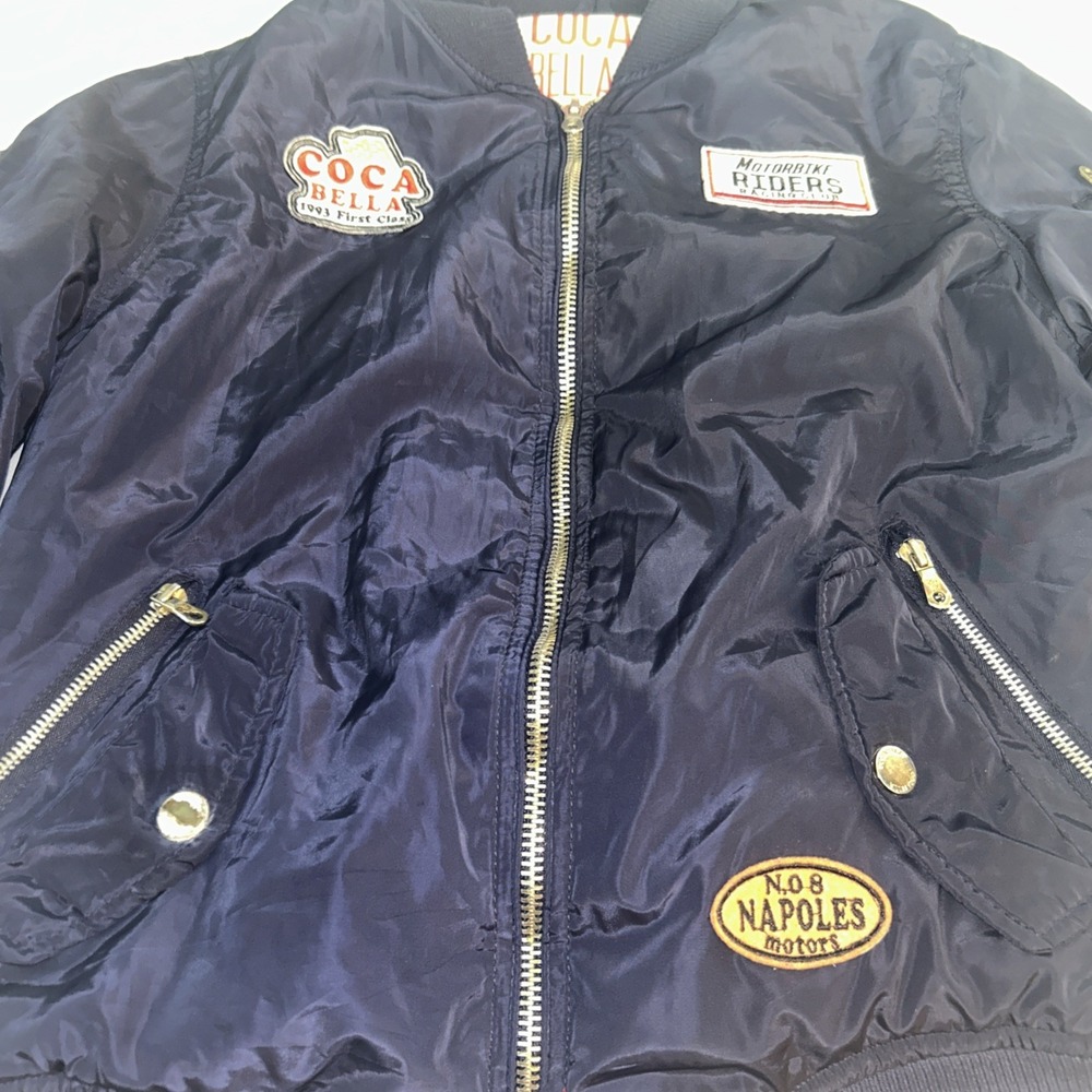 Coca Bella Moto Racing‎ Bomber Jacket – Navy Satin Patch Streetwear Y2K Style - Picture 2 of 12